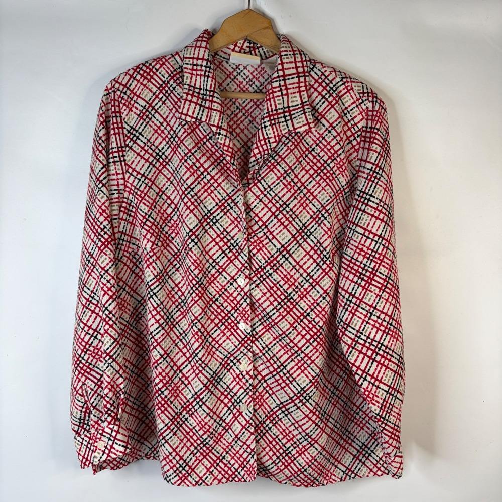 Alfred Dunner Button Down Shirt Women 20W Red Plaid Shoulder Pads Long Sleeve